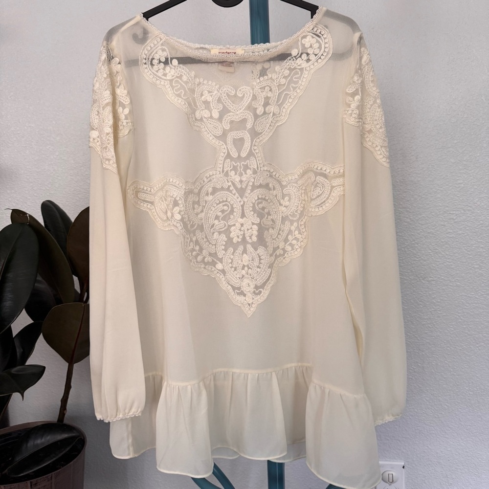 Sundance Lace Embroidered Peasant Fairy Boho sheer Puff sleeve Blouse M ivory